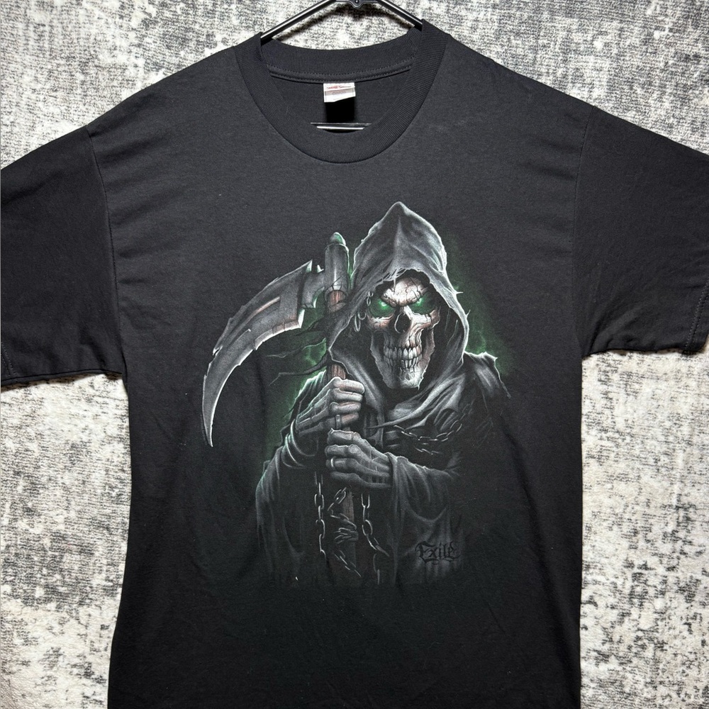Vintage Grim Reaper Exile Shirt Mens L Black Graphic Skeleton Crew Neck Y2K